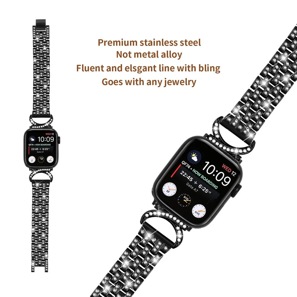 Stainless Steel Metal Strap for Apple Watch Ultra 3 2 1 49mm / Series 11 10 46mm / 9 8 7 45mm / SE3 SE2 SE 6 5 4 44mm / 3 2 1 42mm , 5-Bead Rhinestone Decor Watch Band - Black - 3