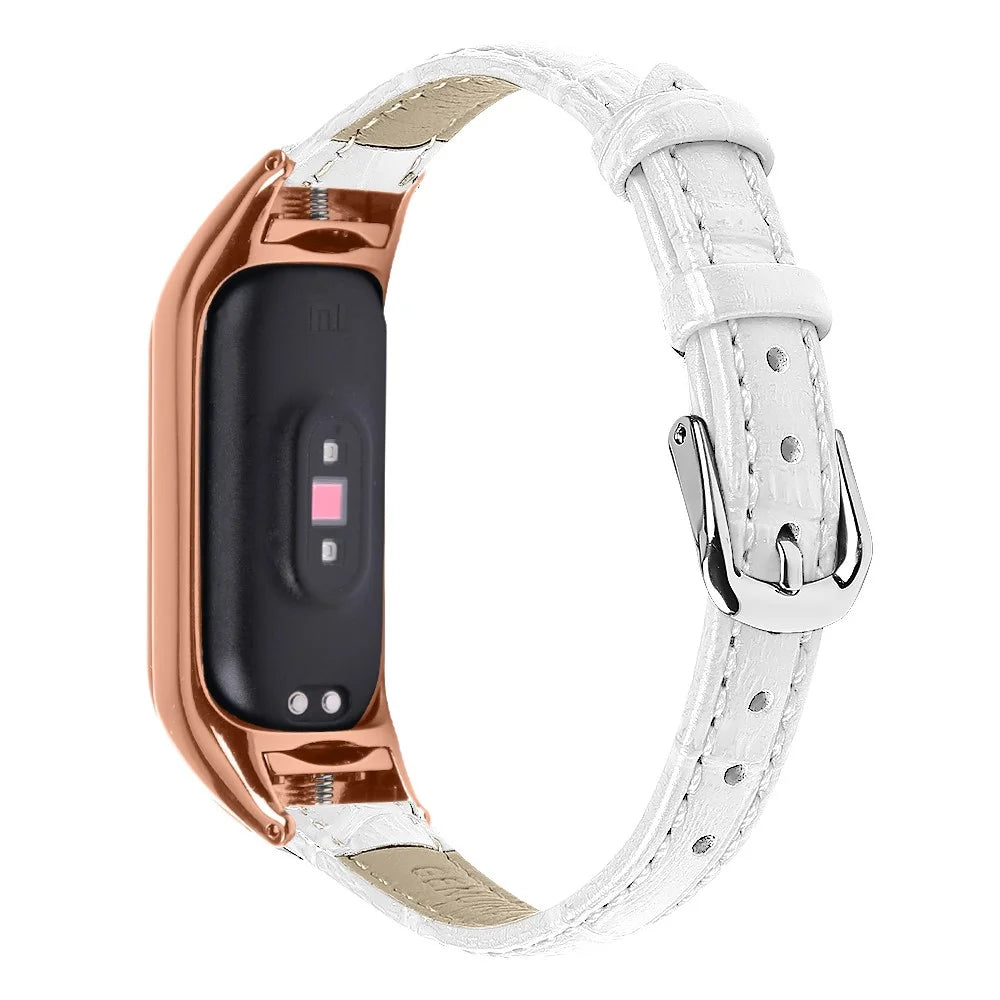 For Xiaomi Smart Band 8 Genuine Cowhide Leather Watch Band Bamboo Grain Strap with Rose Gold Frame - White - 1