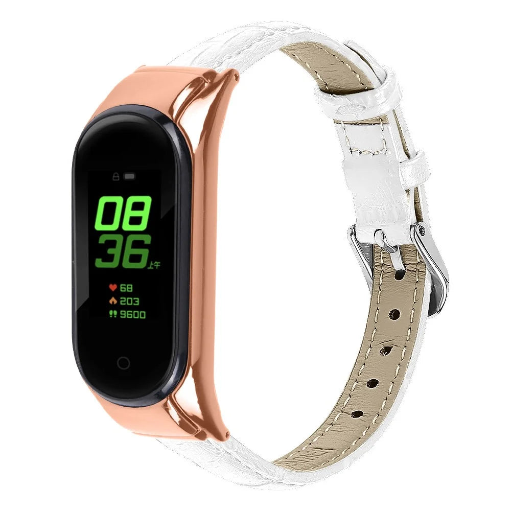 For Xiaomi Smart Band 8 Genuine Cowhide Leather Watch Band Bamboo Grain Strap with Rose Gold Frame - White - 2