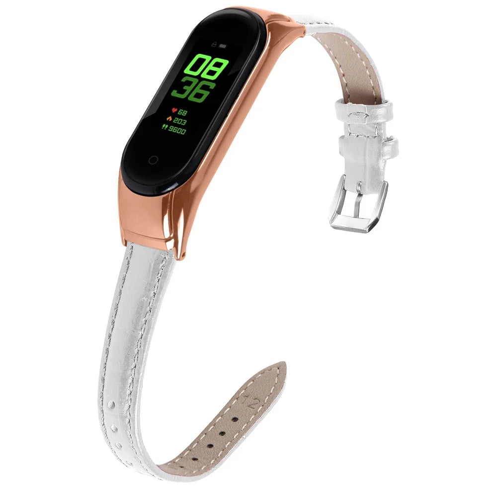 For Xiaomi Smart Band 8 Genuine Cowhide Leather Watch Band Bamboo Grain Strap with Rose Gold Frame - White - 3