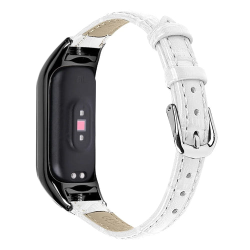 For Xiaomi Smart Band 8 Genuine Cowhide Leather Strap Bamboo Grain Watch Band with Black Frame Case - White - 1