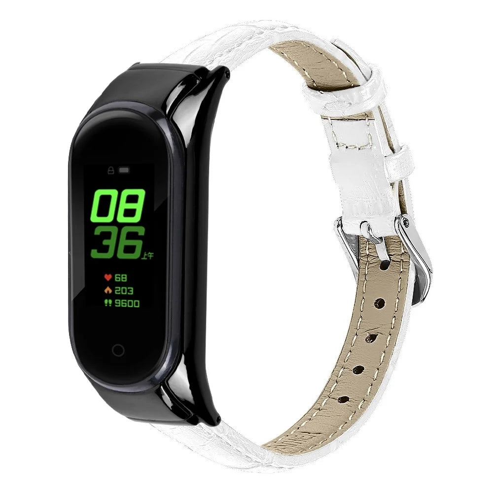 For Xiaomi Smart Band 8 Genuine Cowhide Leather Strap Bamboo Grain Watch Band with Black Frame Case - White - 2