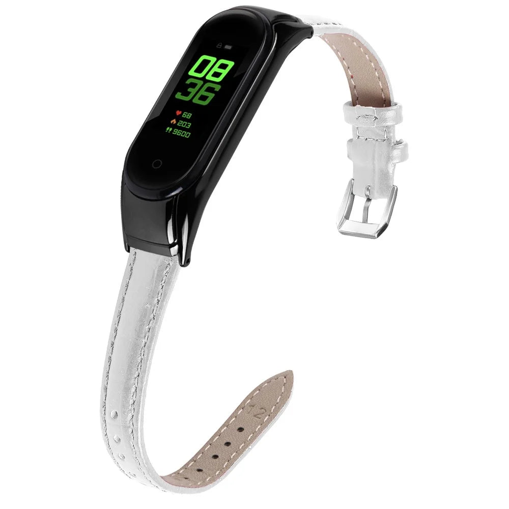 For Xiaomi Smart Band 8 Genuine Cowhide Leather Strap Bamboo Grain Watch Band with Black Frame Case - White - 3