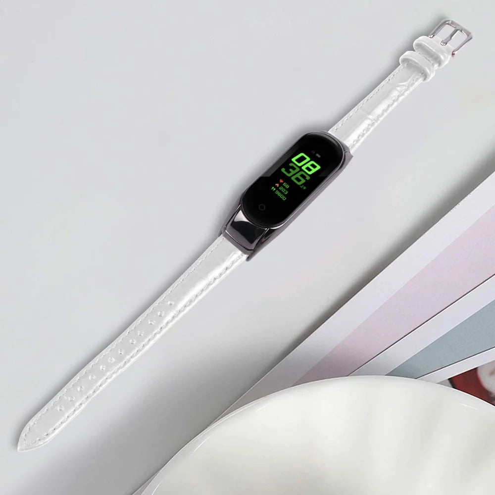 For Xiaomi Smart Band 8 Genuine Cowhide Leather Strap Bamboo Grain Watch Band with Black Frame Case - White - 4