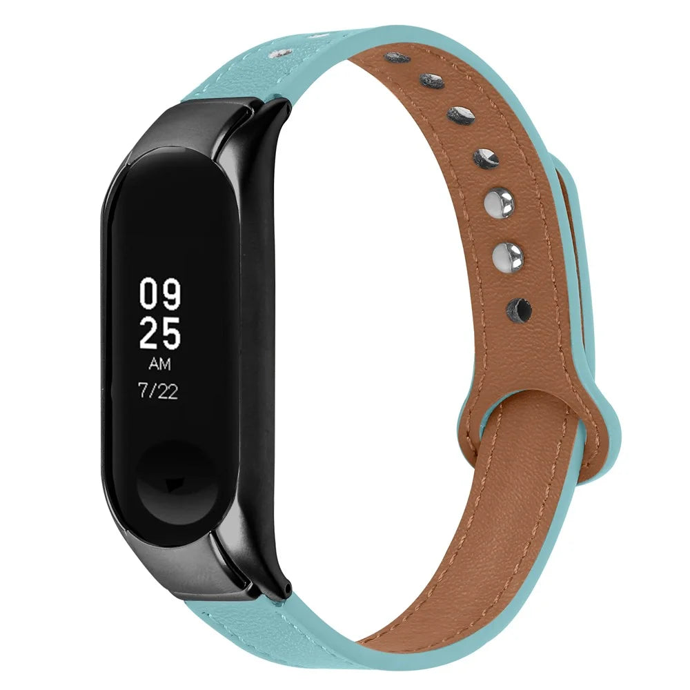 For Xiaomi Smart Band 8 Genuine Cowhide Leather Watch Band Rivets Wrist Strap with Black Watch Case - Blue - 2
