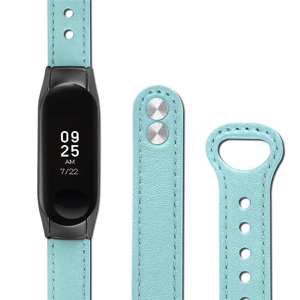 For Xiaomi Smart Band 8 Genuine Cowhide Leather Watch Band Rivets Wrist Strap with Black Watch Case - Blue - 3