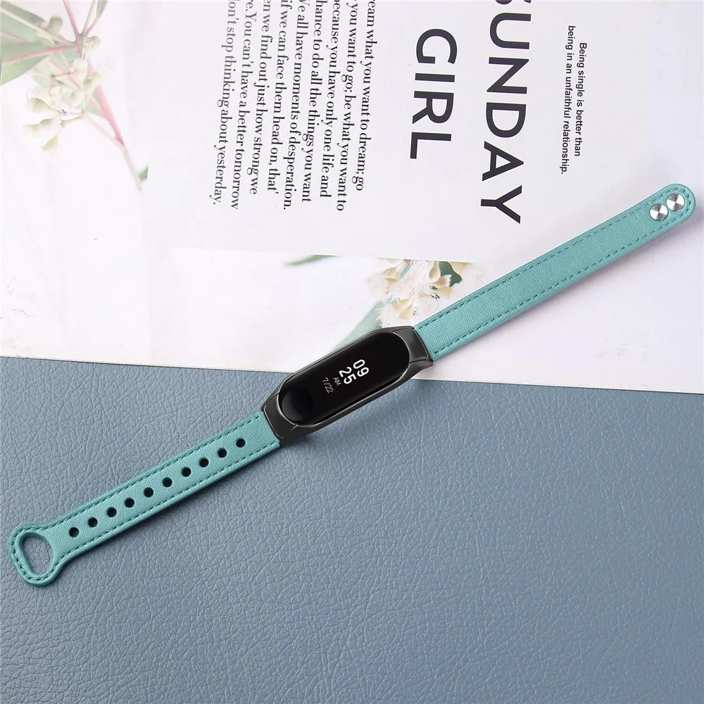 For Xiaomi Smart Band 8 Genuine Cowhide Leather Watch Band Rivets Wrist Strap with Black Watch Case - Blue - 4