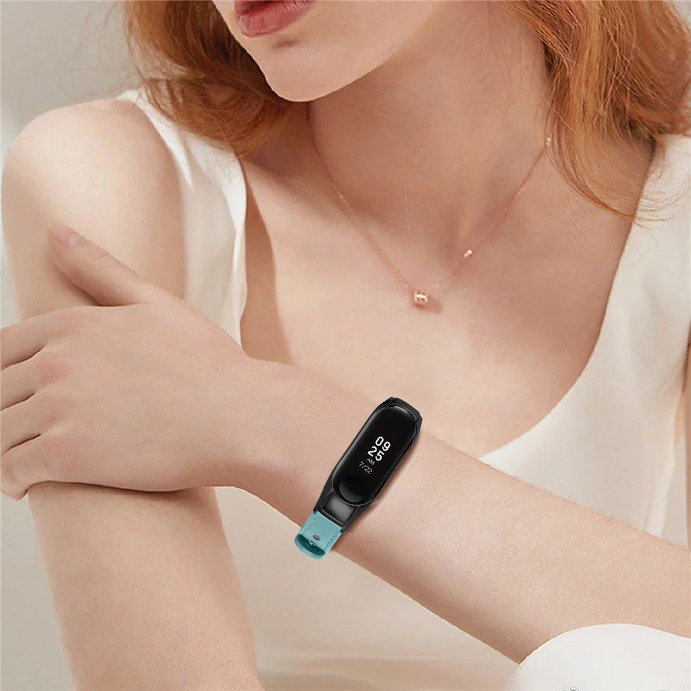 For Xiaomi Smart Band 8 Genuine Cowhide Leather Watch Band Rivets Wrist Strap with Black Watch Case - Blue - 5