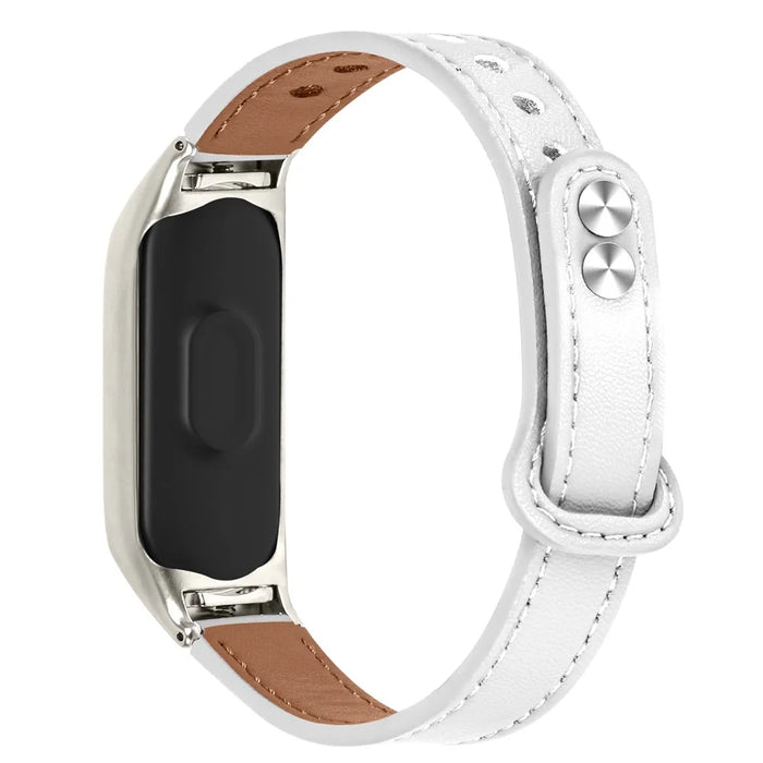 For Xiaomi Smart Band 8 Rivets Decor Watch Band Genuine Cowhide Leather Strap with Silver Watch Case - White - 1