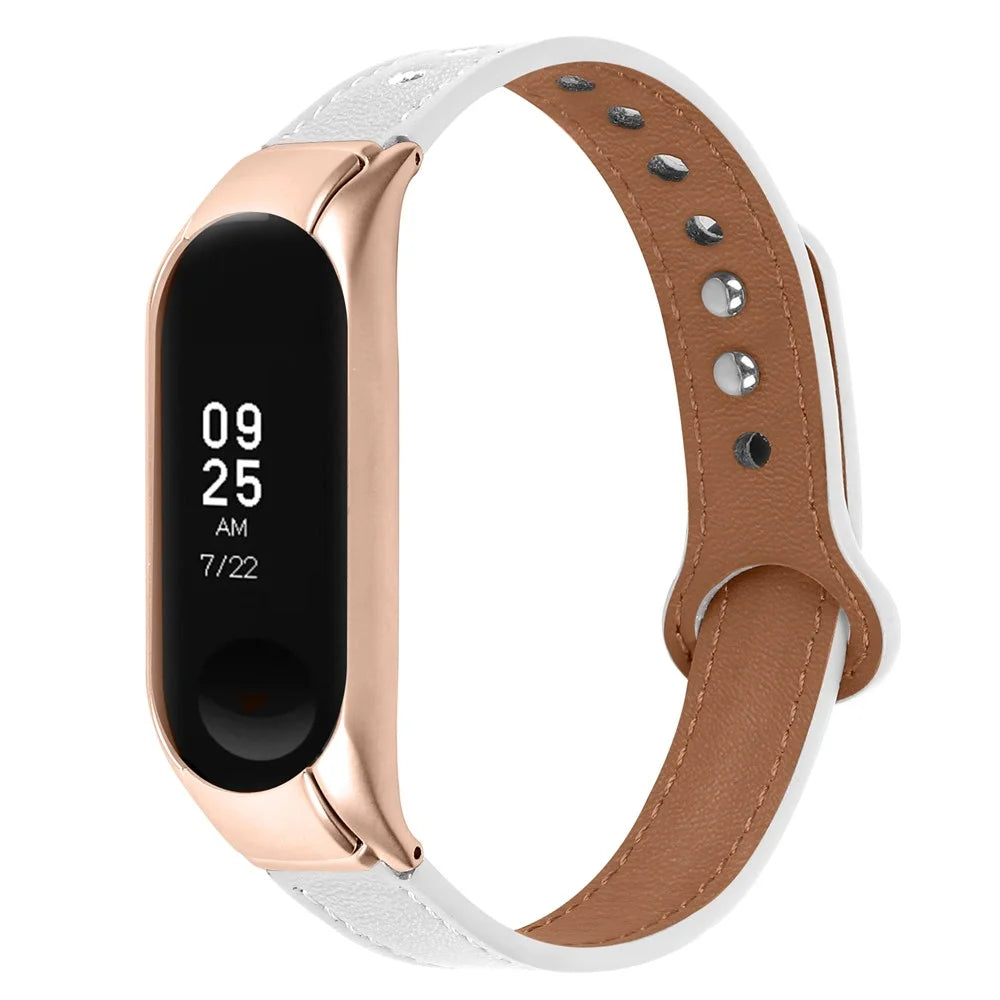 For Xiaomi Smart Band 8 Rivets Decor Watch Straps Genuine Cowhide Leather Watch Band with Rose Gold Watch Case - White - 2