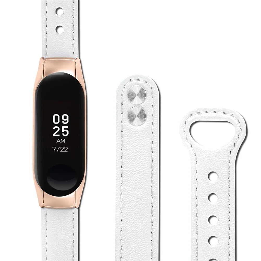 For Xiaomi Smart Band 8 Rivets Decor Watch Straps Genuine Cowhide Leather Watch Band with Rose Gold Watch Case - White - 3