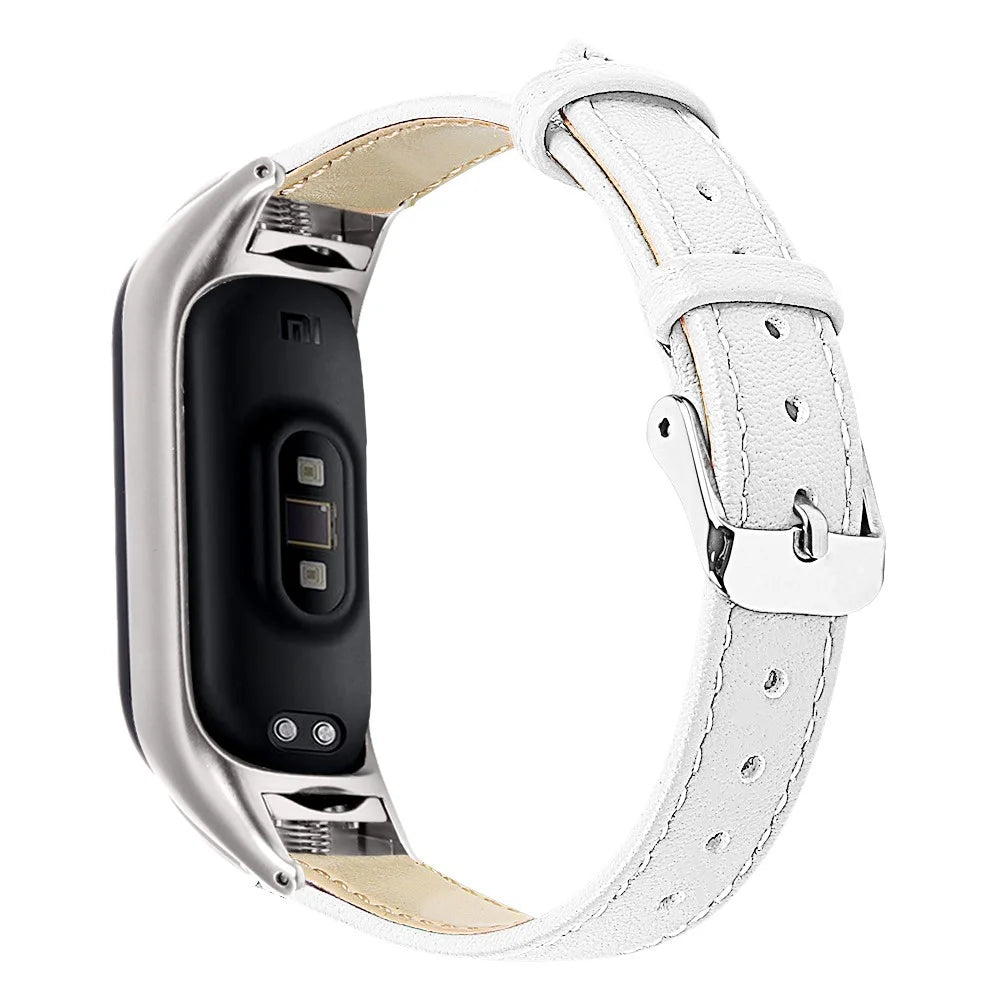 For Xiaomi Smart Band 8 Watch Bands Genuine Cowhide Leather Straps with Silver Watch Case - White - 1