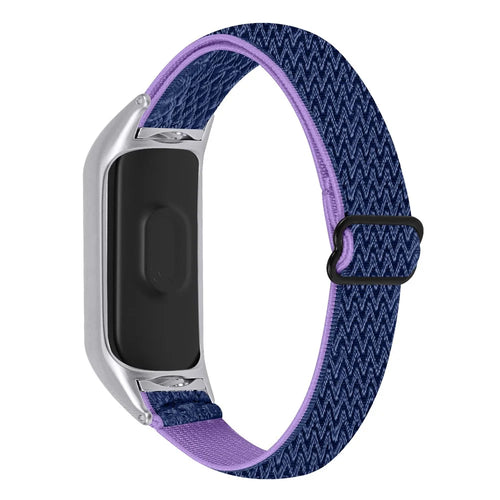 For Xiaomi Smart Band 8 Braided Solo Loop Watch Band Stretchy Nylon Elastic Straps with Silver Watch Case - Purple+Blue - 1