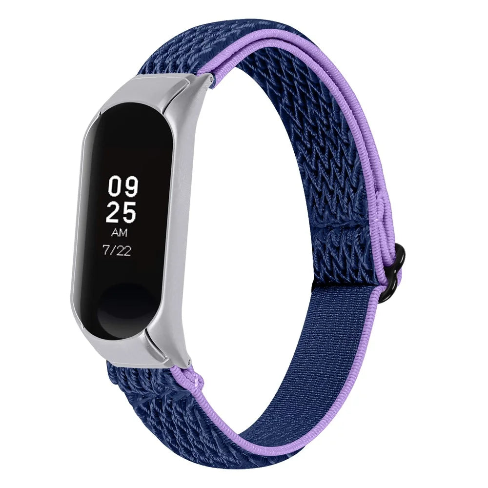 For Xiaomi Smart Band 8 Braided Solo Loop Watch Band Stretchy Nylon Elastic Straps with Silver Watch Case - Purple+Blue - 2