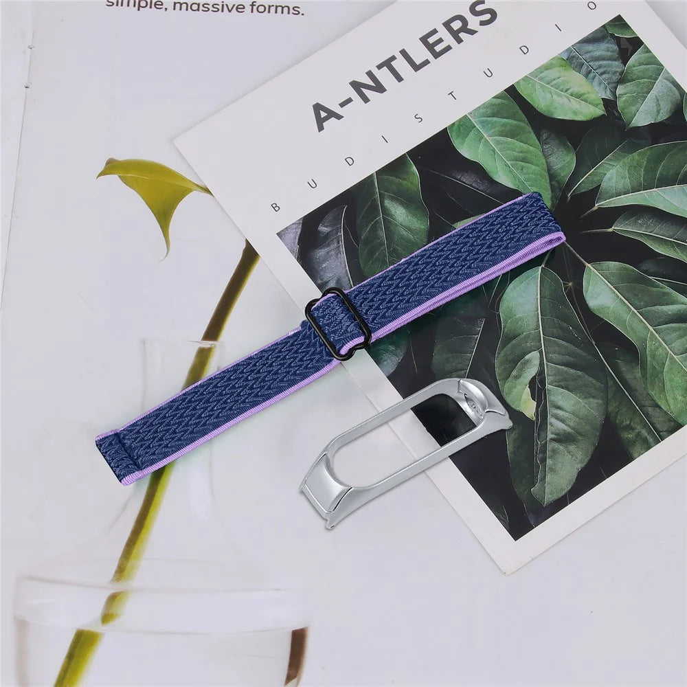 For Xiaomi Smart Band 8 Braided Solo Loop Watch Band Stretchy Nylon Elastic Straps with Silver Watch Case - Purple+Blue - 5
