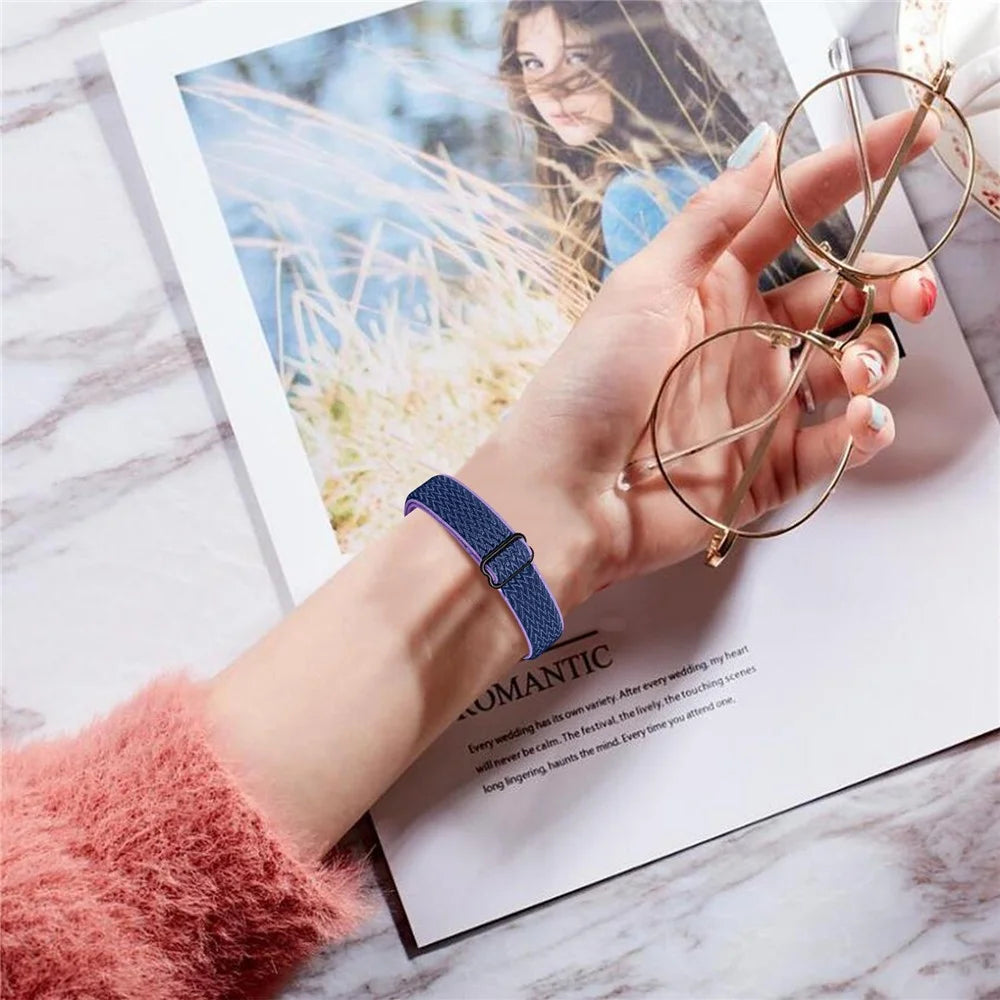 For Xiaomi Smart Band 8 Braided Solo Loop Watch Band Stretchy Nylon Elastic Straps with Silver Watch Case - Purple+Blue - 7