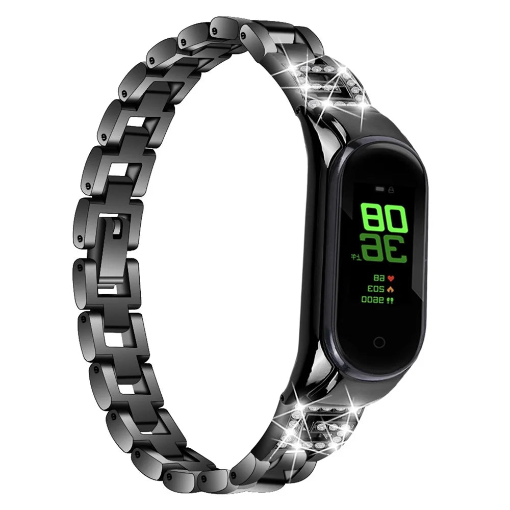 For Xiaomi Smart Band 9 NFC / 9 / 8 NFC / 8 G Letter Rhinestones Decor Watch Strap Stainless Steel Wrist Band - Black - 2