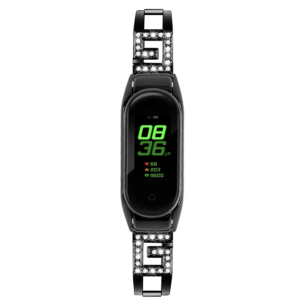 For Xiaomi Smart Band 9 NFC / 9 / 8 NFC / 8 G Letter Rhinestones Decor Watch Strap Stainless Steel Wrist Band - Black - 3