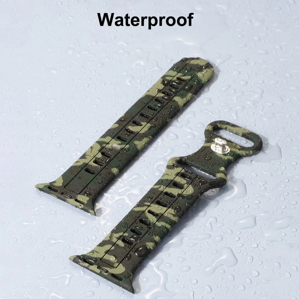 Watch Strap for Apple Watch Ultra 3 2 1 49mm / Series 11 10 46mm / 9 8 7 45mm / SE3 SE2 SE 6 5 4 44mm / 3 2 1 42mm , Camouflage Silicone Sports Band - Black - 5