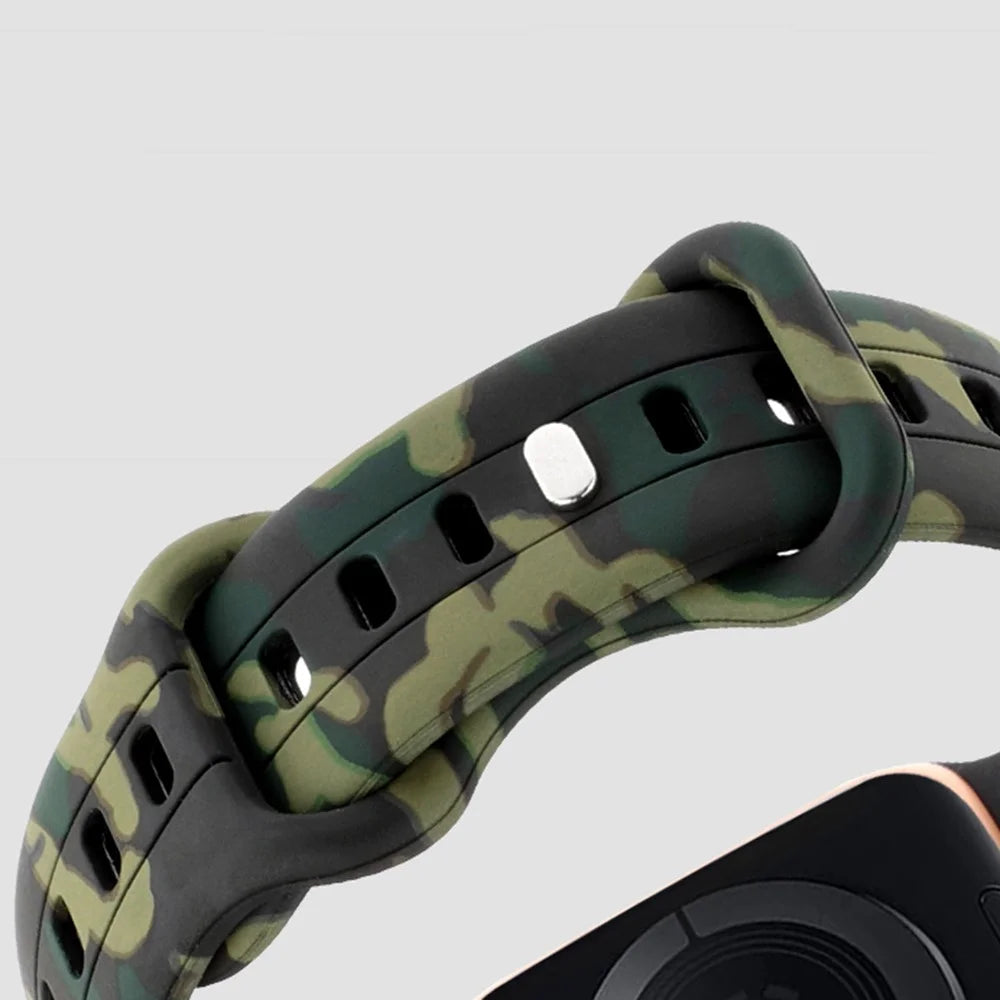 Watch Strap for Apple Watch Ultra 3 2 1 49mm / Series 11 10 46mm / 9 8 7 45mm / SE3 SE2 SE 6 5 4 44mm / 3 2 1 42mm , Camouflage Silicone Sports Band - Black - 7