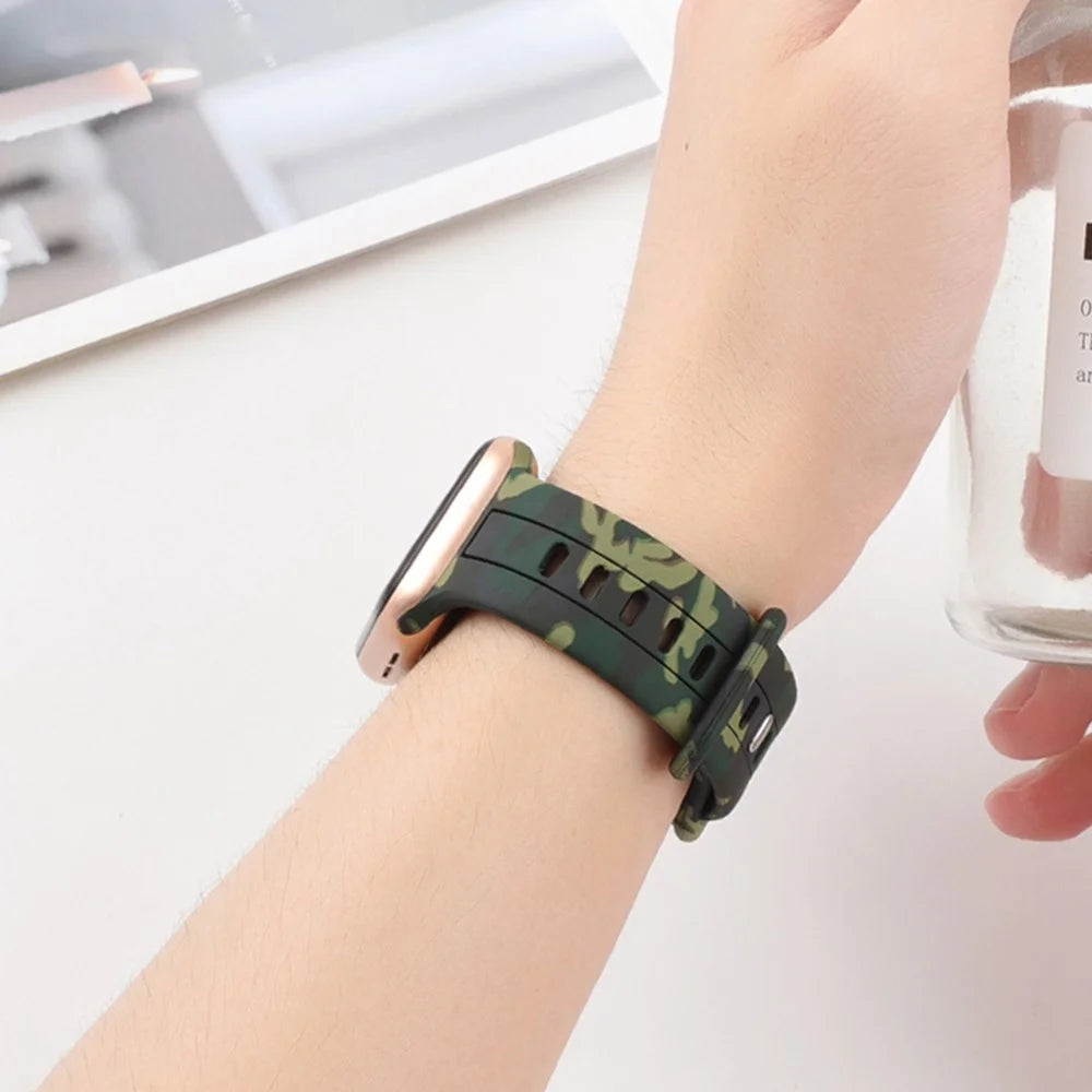 Silicone Watch Bands for Apple Watch Series 11 10 42mm / 9 8 7 41mm / SE3 SE2 SE 6 5 4 40mm / 3 2 1 38mm Camouflage Waterproof Watch Bracelet - Black - 4
