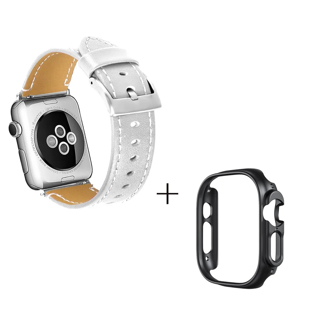 For Apple Watch Ultra 49mm Watch Band Genuine Cow Leather Strap with Black PC Watch Case - White - 1