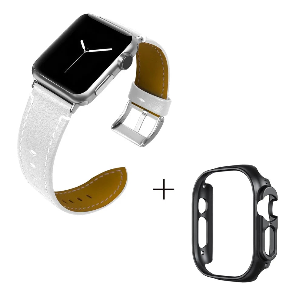 For Apple Watch Ultra 49mm Watch Band Genuine Cow Leather Strap with Black PC Watch Case - White - 2