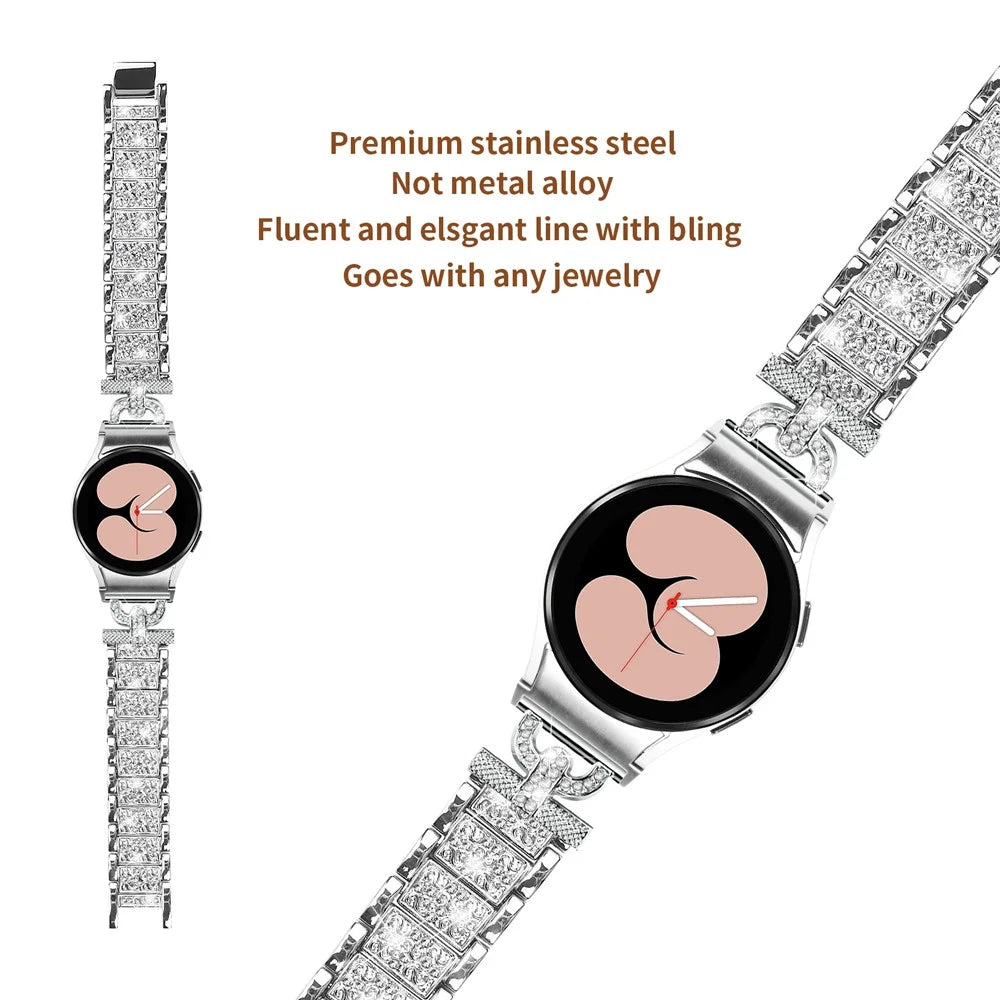 For Samsung Galaxy Watch6 40mm 44mm / Watch6 Classic 43mm 47mm / Watch 5 40mm 44mm / Watch4 40mm 44mm Stainless Steel 3-Bead Rhinestone Watch Strap - Silver - 3