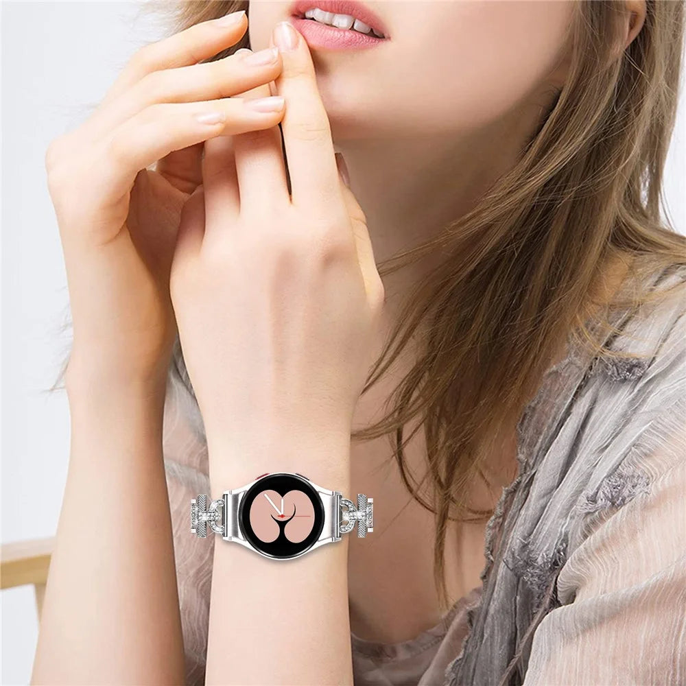 For Samsung Galaxy Watch6 40mm 44mm / Watch6 Classic 43mm 47mm / Watch 5 40mm 44mm / Watch4 40mm 44mm Stainless Steel 3-Bead Rhinestone Watch Strap - Silver - 6