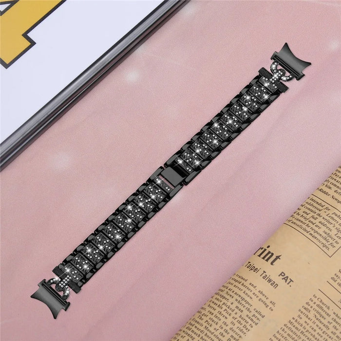 For Samsung Galaxy Watch 6 40mm / 44mm Easy Installation Stainless Steel Watch Strap 3-Bead Rhinestone Watch Band - Black - 4