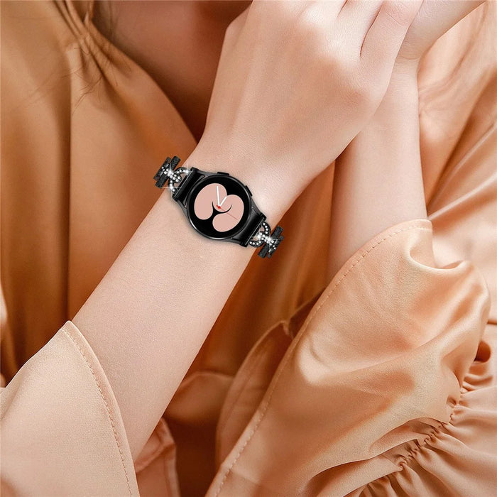 For Samsung Galaxy Watch 6 40mm / 44mm Easy Installation Stainless Steel Watch Strap 3-Bead Rhinestone Watch Band - Black - 5