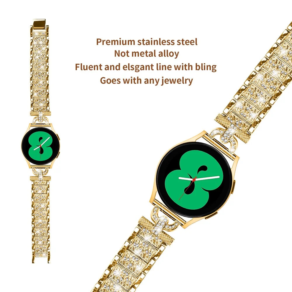 Watch Strap for Samsung Galaxy Watch6 40mm 44mm / Watch6 Classic 43mm 47mm / Watch 5 40mm 44mm / Watch4 40mm 44mm / Watch3 41mm , Stainless Steel 20mm Rhinestone Decor Band - Gold - 3