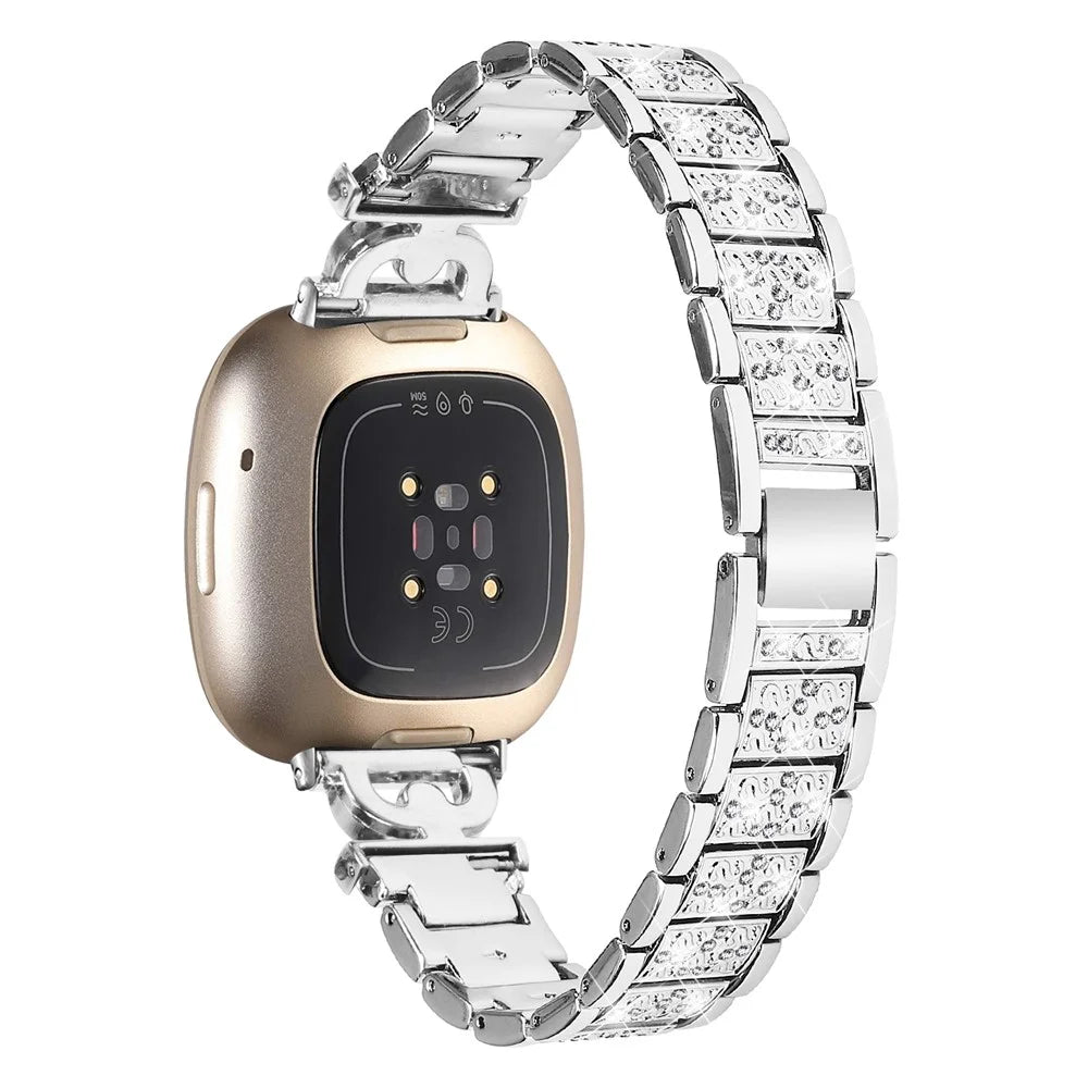 3-Bead Rhinestone Decor Smartwatch Strap for Fitbit Versa 3 / Sense , Stainless Steel Watch Band Replacement - Silver - 1
