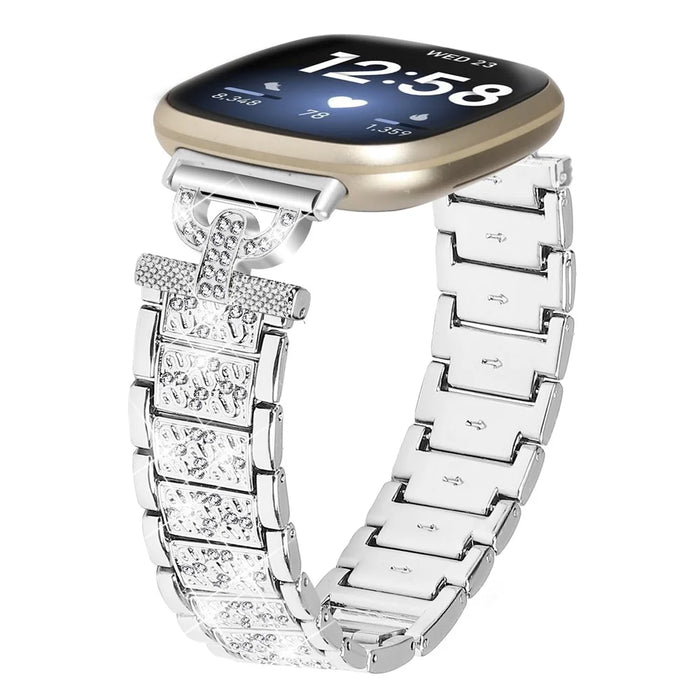 3-Bead Rhinestone Decor Smartwatch Strap for Fitbit Versa 3 / Sense , Stainless Steel Watch Band Replacement - Silver - 2