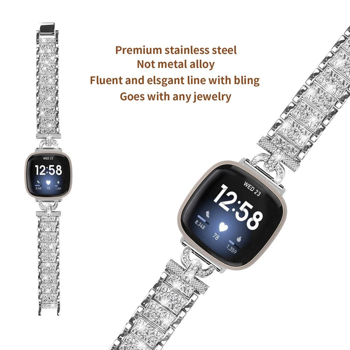 3-Bead Rhinestone Decor Smartwatch Strap for Fitbit Versa 3 / Sense , Stainless Steel Watch Band Replacement - Silver - 3