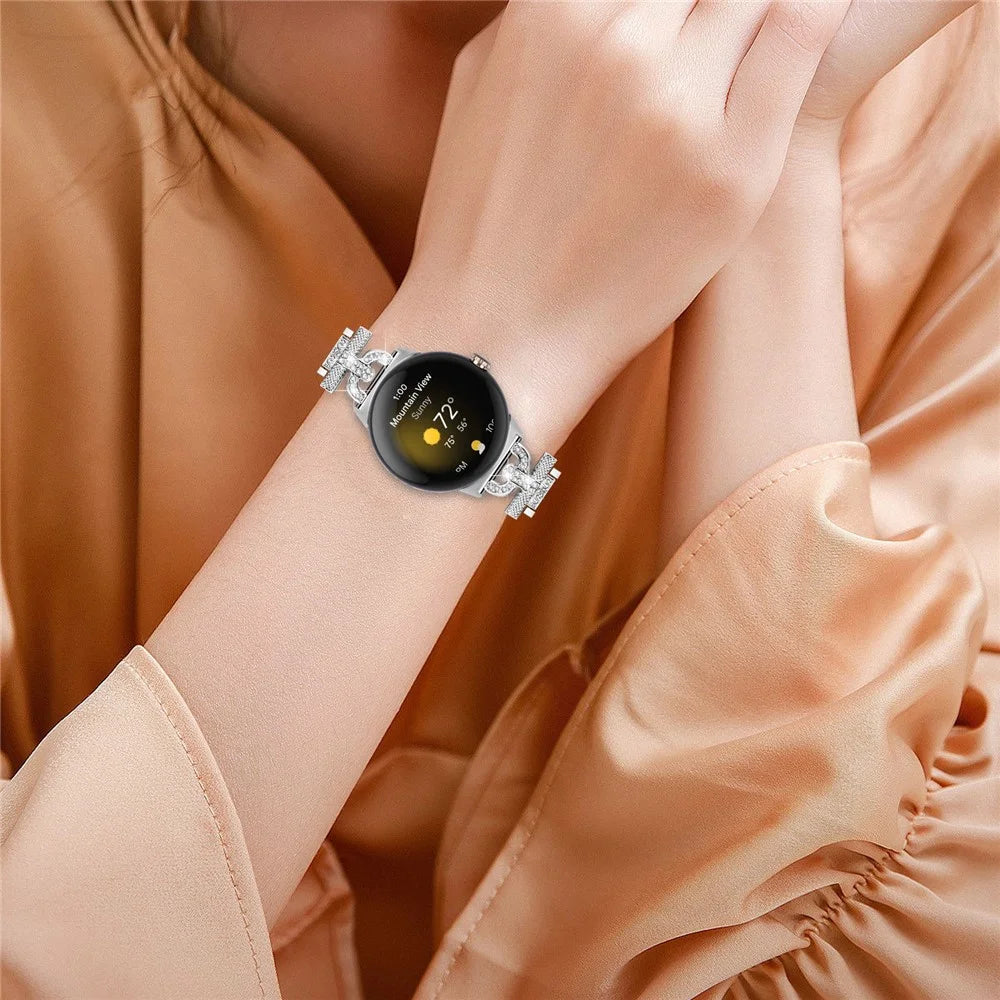 For Google Pixel Watch 4 41mm / Watch 3 41mm / Watch 2 / Watch 3-Bead Rhinestone Decor Stainless Steel Strap Watch Band Replacement - Silver - 5