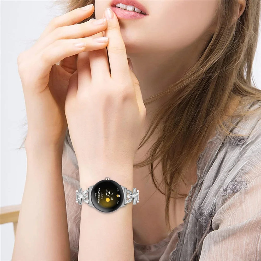 For Google Pixel Watch 4 41mm / Watch 3 41mm / Watch 2 / Watch 3-Bead Rhinestone Decor Stainless Steel Strap Watch Band Replacement - Silver - 6