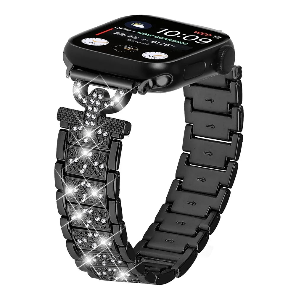 Watch Band for Apple Watch Series 11 10 42mm / 9 8 7 41mm / SE3 SE2 SE 6 5 4 40mm / 3 2 1 38mm Stainless Steel Rhinestone Decor Watch Strap - Black - 2