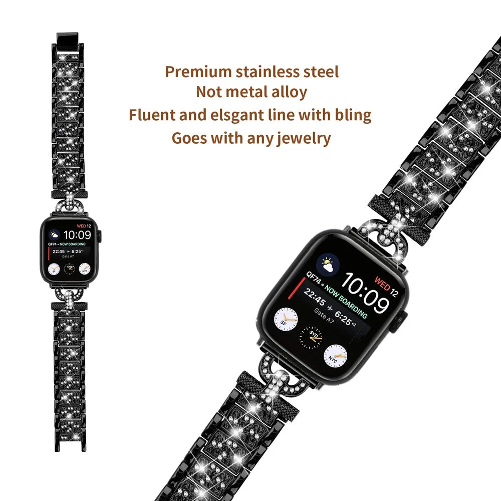 Watch Band for Apple Watch Series 11 10 42mm / 9 8 7 41mm / SE3 SE2 SE 6 5 4 40mm / 3 2 1 38mm Stainless Steel Rhinestone Decor Watch Strap - Black - 3