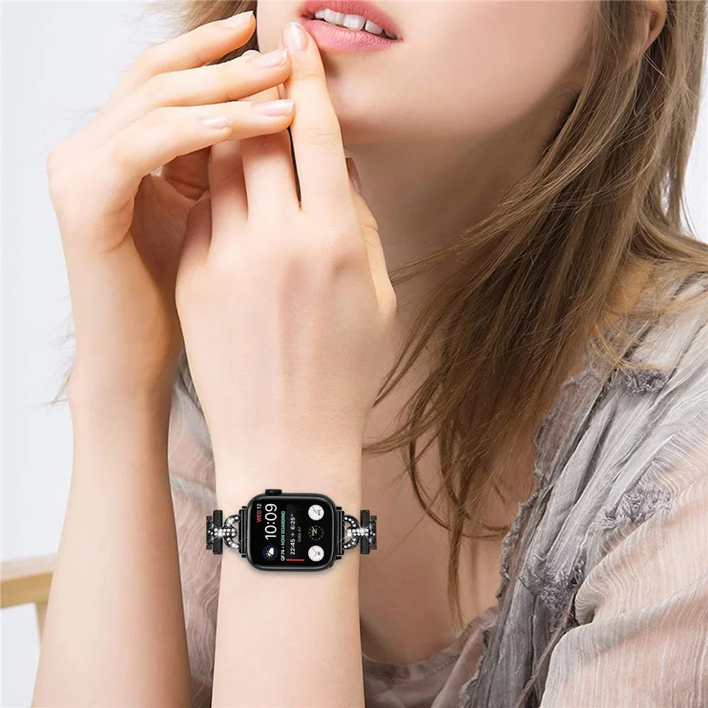 Watch Band for Apple Watch Series 11 10 42mm / 9 8 7 41mm / SE3 SE2 SE 6 5 4 40mm / 3 2 1 38mm Stainless Steel Rhinestone Decor Watch Strap - Black - 6