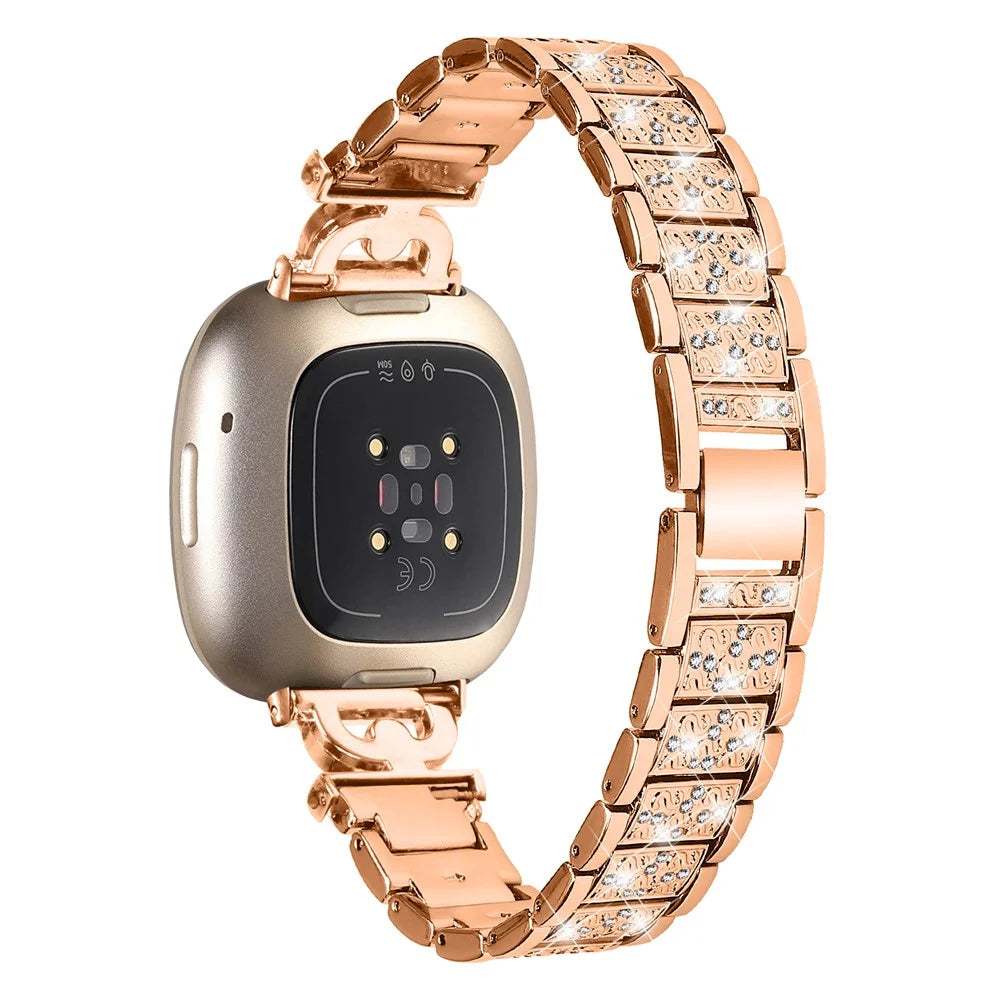 For Fitbit Versa 4 / Sense 2 Stainless Steel Watch Band 3-Bead Rhinestone Decor Replacement Bracelet - Rose Gold - 1