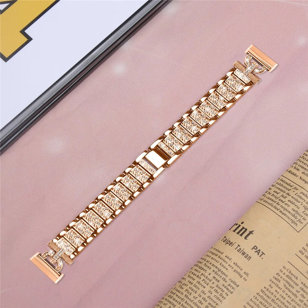 For Fitbit Versa 4 / Sense 2 Stainless Steel Watch Band 3-Bead Rhinestone Decor Replacement Bracelet - Rose Gold - 4