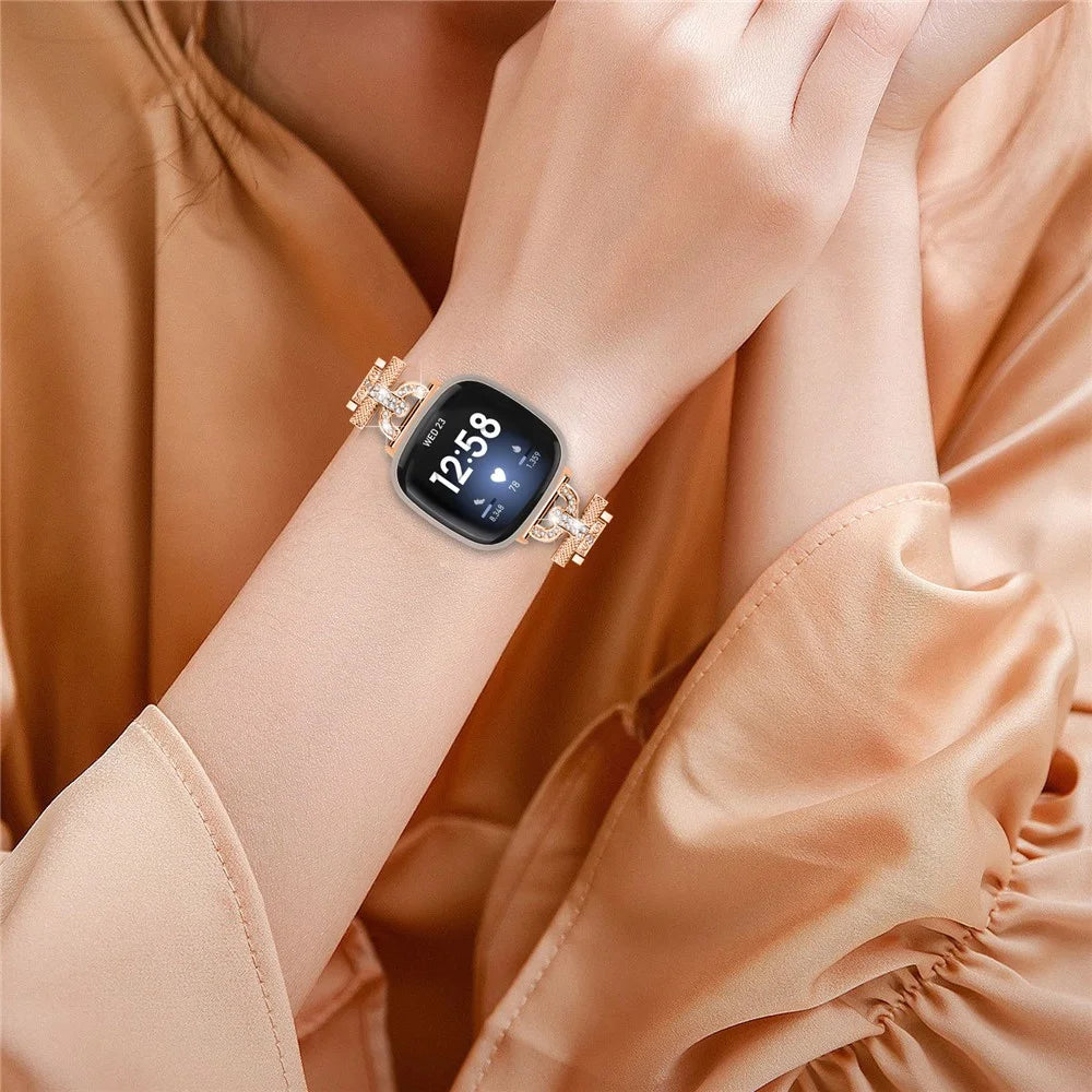 For Fitbit Versa 4 / Sense 2 Stainless Steel Watch Band 3-Bead Rhinestone Decor Replacement Bracelet - Rose Gold - 5