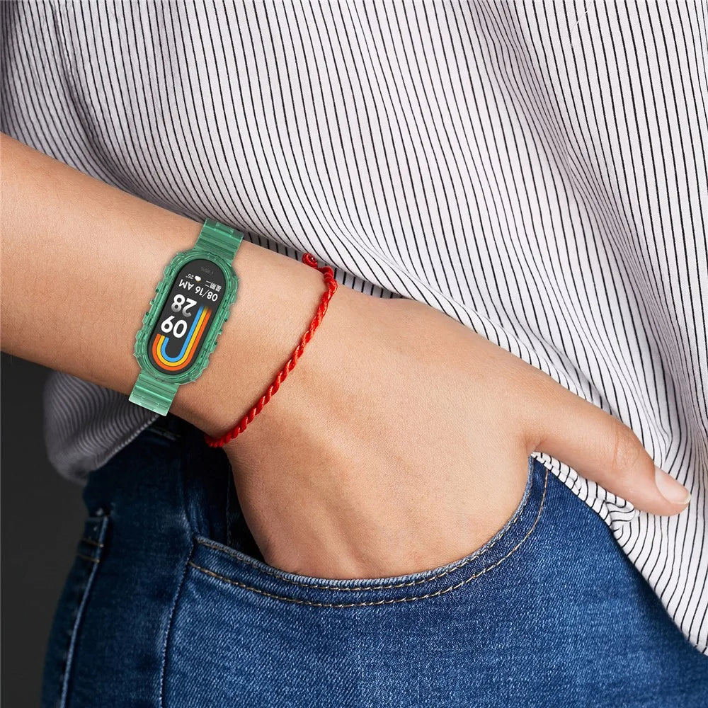 For Xiaomi Smart Band 9 NFC / 9 / 8 Wrist Band Transparent Silicone Watch Strap with Integrated Watch Case - Transparent Rose - 6