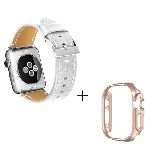 For Apple Watch Ultra 49mm Sport Wrist Strap Genuine Cow Leather Band with Rose Gold PC Watch Case - White - 1