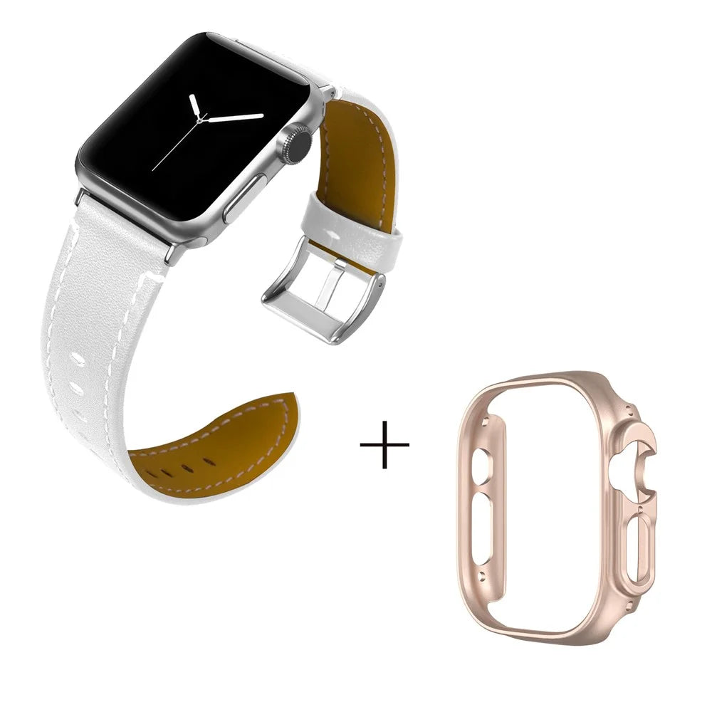 For Apple Watch Ultra 49mm Sport Wrist Strap Genuine Cow Leather Band with Rose Gold PC Watch Case - White - 2