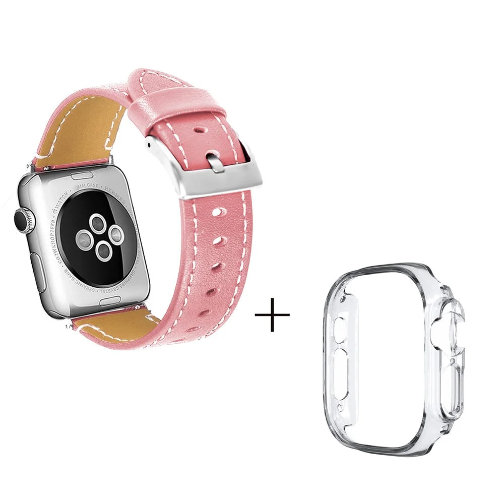 For Apple Watch Ultra 49mm Sport Band Genuine Cow Leather Watch Strap with Transparent PC Watch Case - Pink - 1