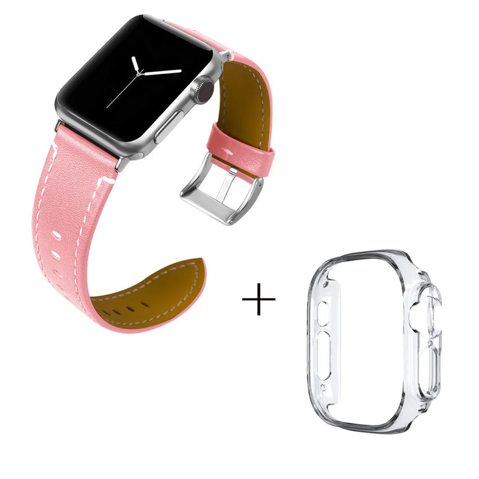 For Apple Watch Ultra 49mm Sport Band Genuine Cow Leather Watch Strap with Transparent PC Watch Case - Pink - 2
