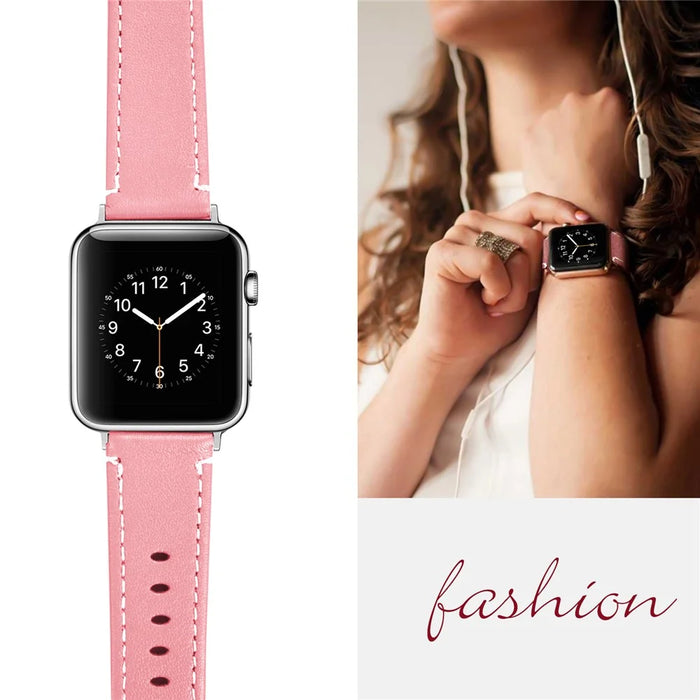 For Apple Watch Ultra 49mm Sport Band Genuine Cow Leather Watch Strap with Transparent PC Watch Case - Pink - 4