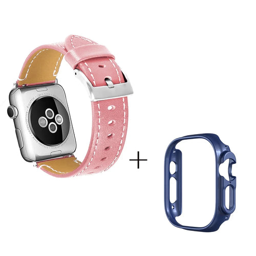 For Apple Watch Ultra 49mm Genuine Cow Leather Wristbands Strap with Midnight Blue PC Watch Case - Pink - 1